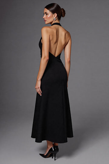 A Line Halter Sleeveless Black Long Formal Dress
